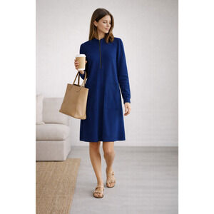 ME+EM Blue Zip Front Dress Womens US 8 Puff Sleeve Stretch Pockets Minimalist